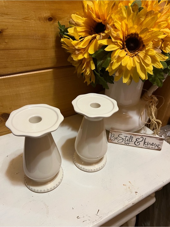 mary and martha Other - Pair of Cream Ceramic Scalloped Candle Holders